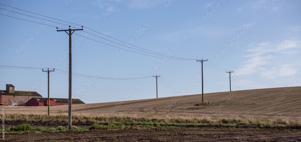 Two rows of powerlines crossing a stubble covered field
