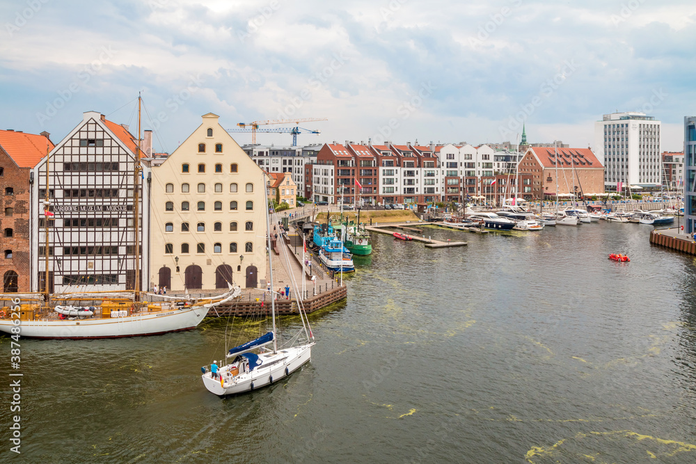 Gdansk, Poland - 19 June 2020: City of Gdansk (Danzig), Poland. Panoramic view of colourful historic houses in Old Town.