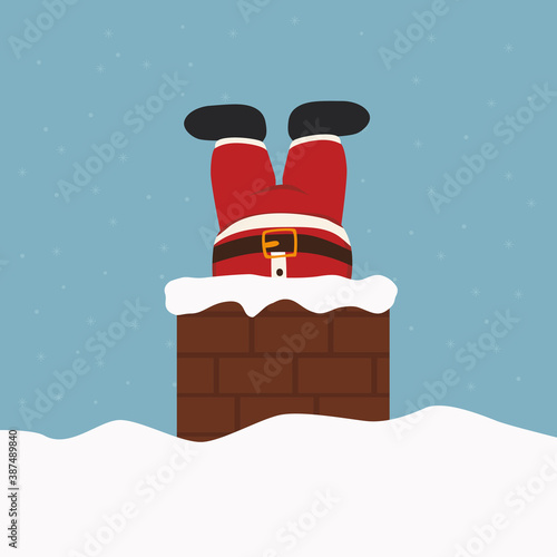 Santa Claus stuck in the chimney on the roof. Christmas and New Year concept. Copy space for text or design. Flat styles vector illustration