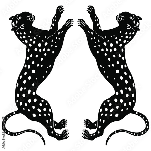 Photography Symmetrical animal decor with two fighting spotted wild cats or leopards