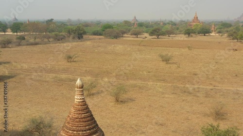 View from above, stunning aerial view of the Bagan Archaeological Zone, Myanmar. Bagan is an ancient city and a Unesco World Heritage Site located in the Mandalay Region of Myanmar. photo