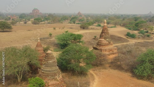 View from above, stunning aerial view of the Bagan Archaeological Zone, Myanmar. Bagan is an ancient city and a Unesco World Heritage Site located in the Mandalay Region of Myanmar. photo