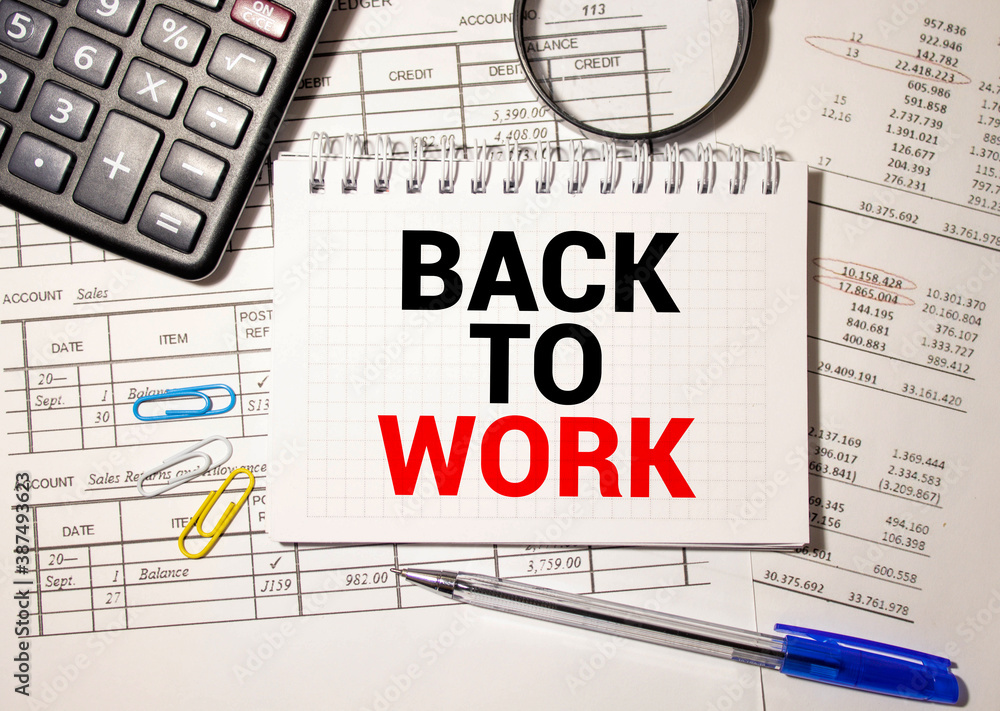 Notebook with text BACK TO WORK. Notebook on desk with graph and a pen. Notebook with text BACK TO WORK. Notebook on desk with graph and a pen.