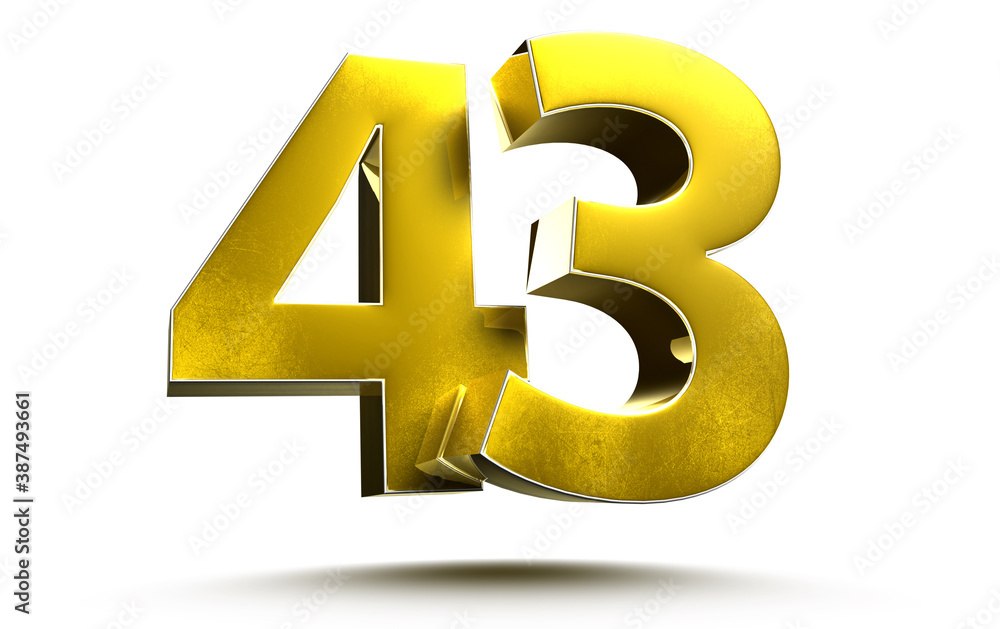 Gold numbers 43 isolated on white background illustration 3D rendering.(with Clipping Path).