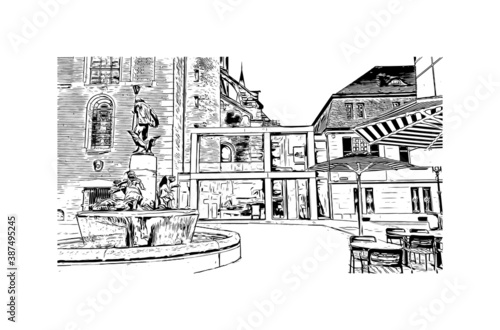 Building view with landmark of Bonn is a city in western Germany straddling the Rhine river. Hand drawn sketch illustration in vector.
