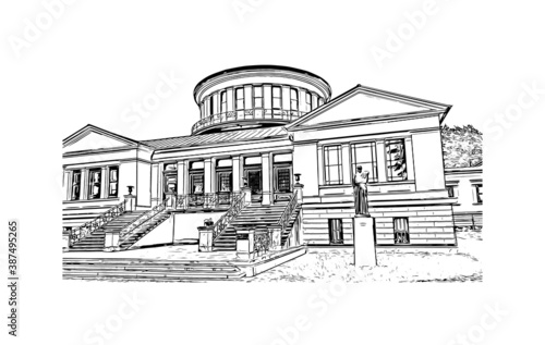 Building view with landmark of Bonn is a city in western Germany straddling the Rhine river. Hand drawn sketch illustration in vector.