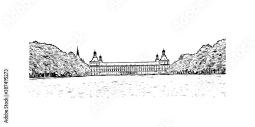 Building view with landmark of Bonn is a city in western Germany straddling the Rhine river. Hand drawn sketch illustration in vector.
