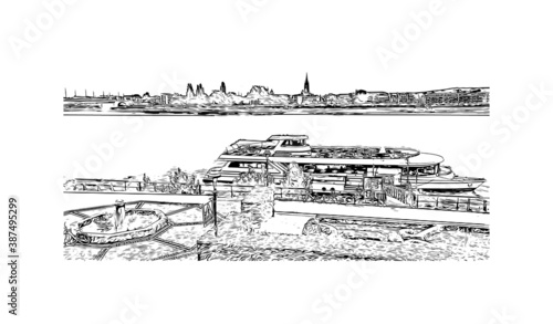 Building view with landmark of Bonn is a city in western Germany straddling the Rhine river. Hand drawn sketch illustration in vector.