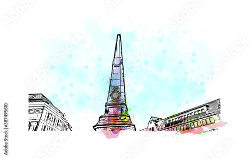 Building view with landmark of Bonn is a city in western Germany straddling the Rhine river. Watercolor splash with hand drawn sketch illustration in vector.