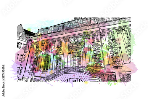 Building view with landmark of Bonn is a city in western Germany straddling the Rhine river. Watercolor splash with hand drawn sketch illustration in vector.