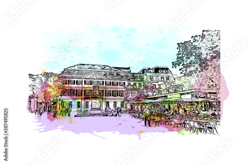 Building view with landmark of Bonn is a city in western Germany straddling the Rhine river. Watercolor splash with hand drawn sketch illustration in vector.