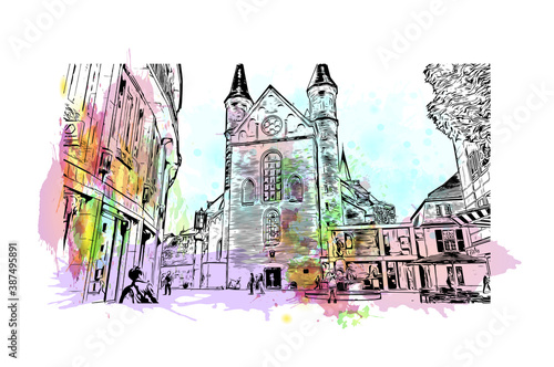 Building view with landmark of Bonn is a city in western Germany straddling the Rhine river. Watercolor splash with hand drawn sketch illustration in vector.