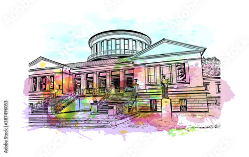 Building view with landmark of Bonn is a city in western Germany straddling the Rhine river. Watercolor splash with hand drawn sketch illustration in vector.
