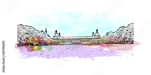 Building view with landmark of Bonn is a city in western Germany straddling the Rhine river. Watercolor splash with hand drawn sketch illustration in vector.