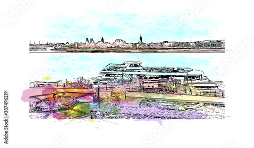 Building view with landmark of Bonn is a city in western Germany straddling the Rhine river. Watercolor splash with hand drawn sketch illustration in vector.