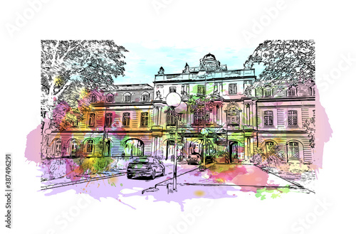 Building view with landmark of Bonn is a city in western Germany straddling the Rhine river. Watercolor splash with hand drawn sketch illustration in vector.