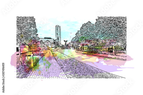 Building view with landmark of Bonn is a city in western Germany straddling the Rhine river. Watercolor splash with hand drawn sketch illustration in vector.
