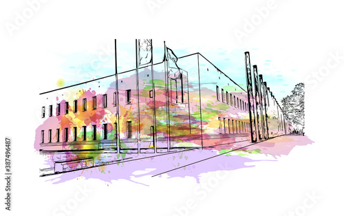 Building view with landmark of Bonn is a city in western Germany straddling the Rhine river. Watercolor splash with hand drawn sketch illustration in vector.