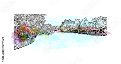 Building view with landmark of Bonn is a city in western Germany straddling the Rhine river. Watercolor splash with hand drawn sketch illustration in vector.