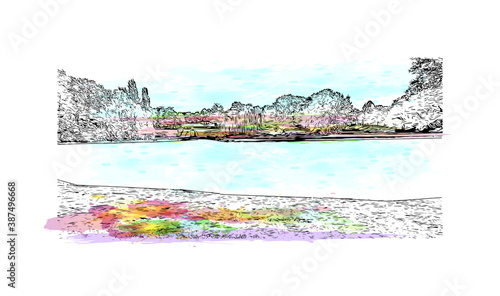 Building view with landmark of Bonn is a city in western Germany straddling the Rhine river. Watercolor splash with hand drawn sketch illustration in vector.