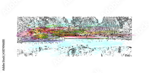 Building view with landmark of Bonn is a city in western Germany straddling the Rhine river. Watercolor splash with hand drawn sketch illustration in vector.