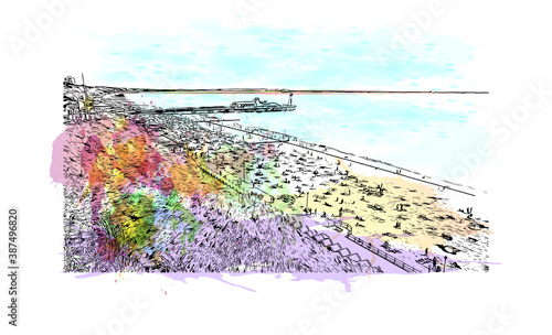 Building view with landmark of Bournemouth is a coastal resort town on the south coast of England. Watercolor splash with hand drawn sketch illustration in vector.