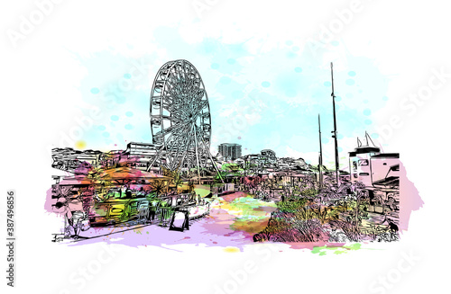 Building view with landmark of Bournemouth is a coastal resort town on the south coast of England. Watercolor splash with hand drawn sketch illustration in vector.