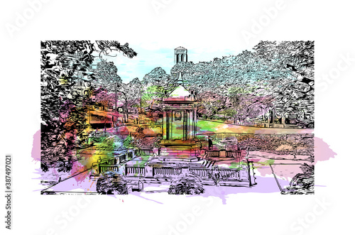 Building view with landmark of Bournemouth is a coastal resort town on the south coast of England. Watercolor splash with hand drawn sketch illustration in vector.