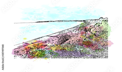 Building view with landmark of Bournemouth is a coastal resort town on the south coast of England. Watercolor splash with hand drawn sketch illustration in vector.
