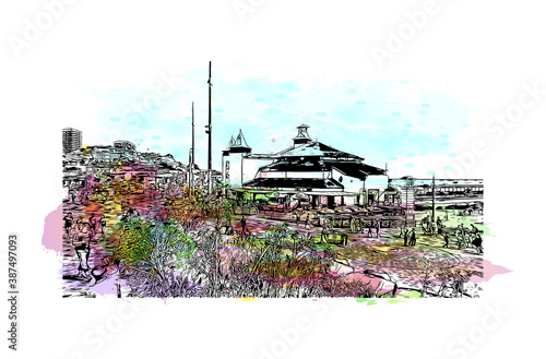 Building view with landmark of Bournemouth is a coastal resort town on the south coast of England. Watercolor splash with hand drawn sketch illustration in vector.
