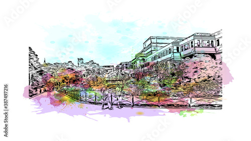 Building view with landmark of Bournemouth is a coastal resort town on the south coast of England. Watercolor splash with hand drawn sketch illustration in vector.