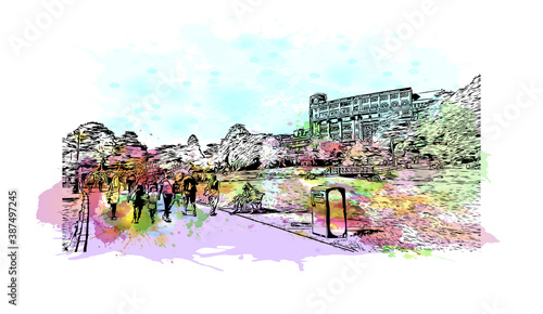 Building view with landmark of Bournemouth is a coastal resort town on the south coast of England. Watercolor splash with hand drawn sketch illustration in vector.