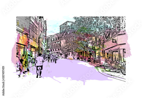 Building view with landmark of Bournemouth is a coastal resort town on the south coast of England. Watercolor splash with hand drawn sketch illustration in vector.