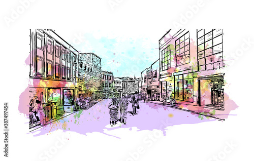 Building view with landmark of Bournemouth is a coastal resort town on the south coast of England. Watercolor splash with hand drawn sketch illustration in vector.