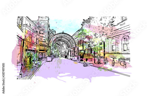 Building view with landmark of Bournemouth is a coastal resort town on the south coast of England. Watercolor splash with hand drawn sketch illustration in vector.