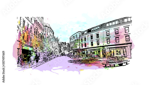 Building view with landmark of Bournemouth is a coastal resort town on the south coast of England. Watercolor splash with hand drawn sketch illustration in vector.
