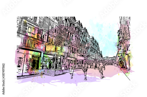 Building view with landmark of Bournemouth is a coastal resort town on the south coast of England. Watercolor splash with hand drawn sketch illustration in vector.