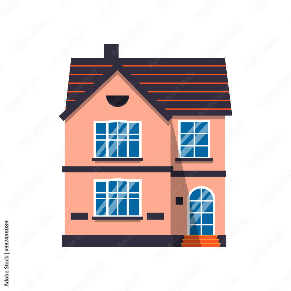 Cartoon house colorful architecture Amsterdam single. Closeup graphic icon townhouse, european style. Flat urban building tall town and suburban home cottage. Isolated on white vector illustration