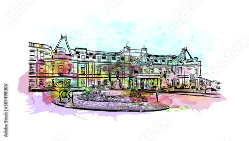 Building view with landmark of Bournemouth is a coastal resort town on the south coast of England. Watercolor splash with hand drawn sketch illustration in vector.