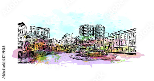 Building view with landmark of Bournemouth is a coastal resort town on the south coast of England. Watercolor splash with hand drawn sketch illustration in vector.