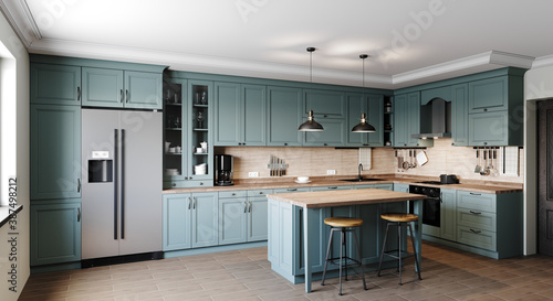 Fototapeta Naklejka Na Ścianę i Meble -  Kitchen in a modern style with a light worktop with sink, stove, oven, kitchen utensils. There are green boxes under the countertop. 3D rendering.