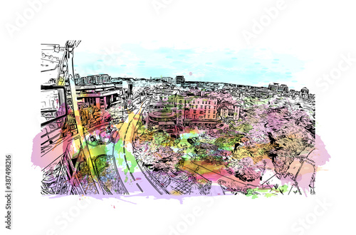 Building view with landmark of Bournemouth is a coastal resort town on the south coast of England. Watercolor splash with hand drawn sketch illustration in vector.