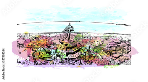 Building view with landmark of Bournemouth is a coastal resort town on the south coast of England. Watercolor splash with hand drawn sketch illustration in vector.