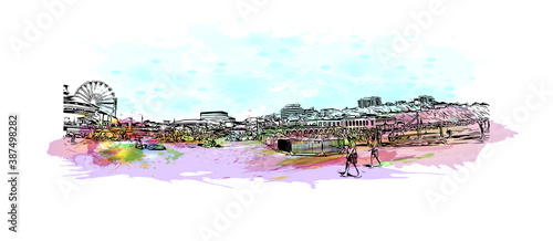 Building view with landmark of Bournemouth is a coastal resort town on the south coast of England. Watercolor splash with hand drawn sketch illustration in vector.