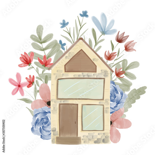 Hand painted watercolor house with flower decoration