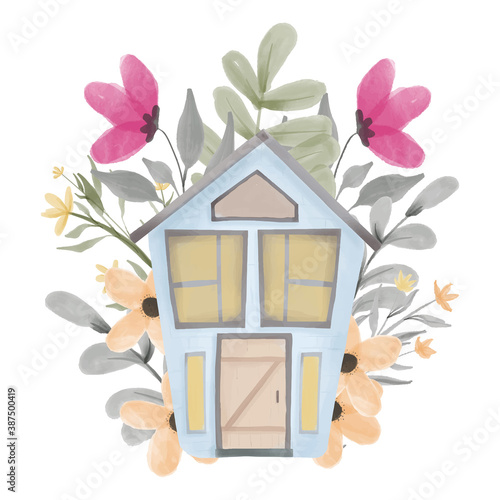 Watercolor hand painted floral house for homey illustration