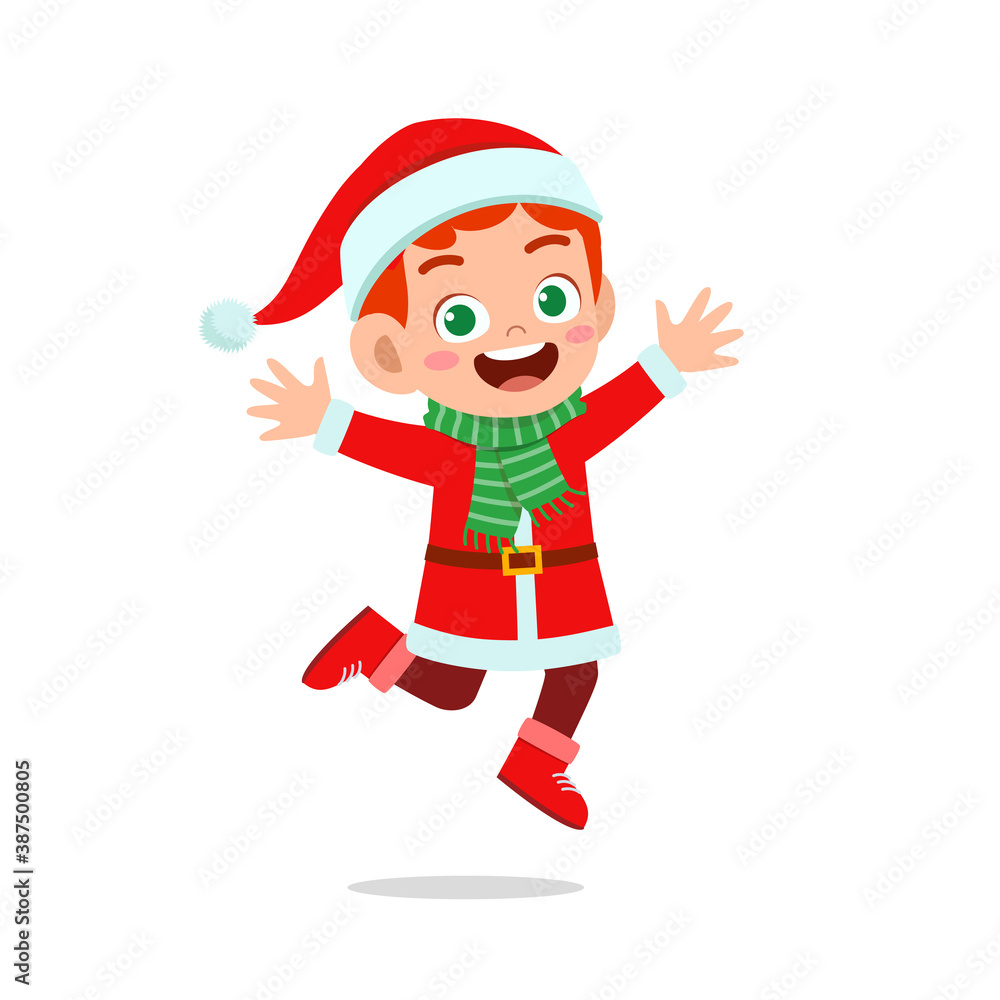 happy cute little kid boy and girl wearing red christmas costume and jump happy cute little kid boy and girl wearing red christmas costume and jump