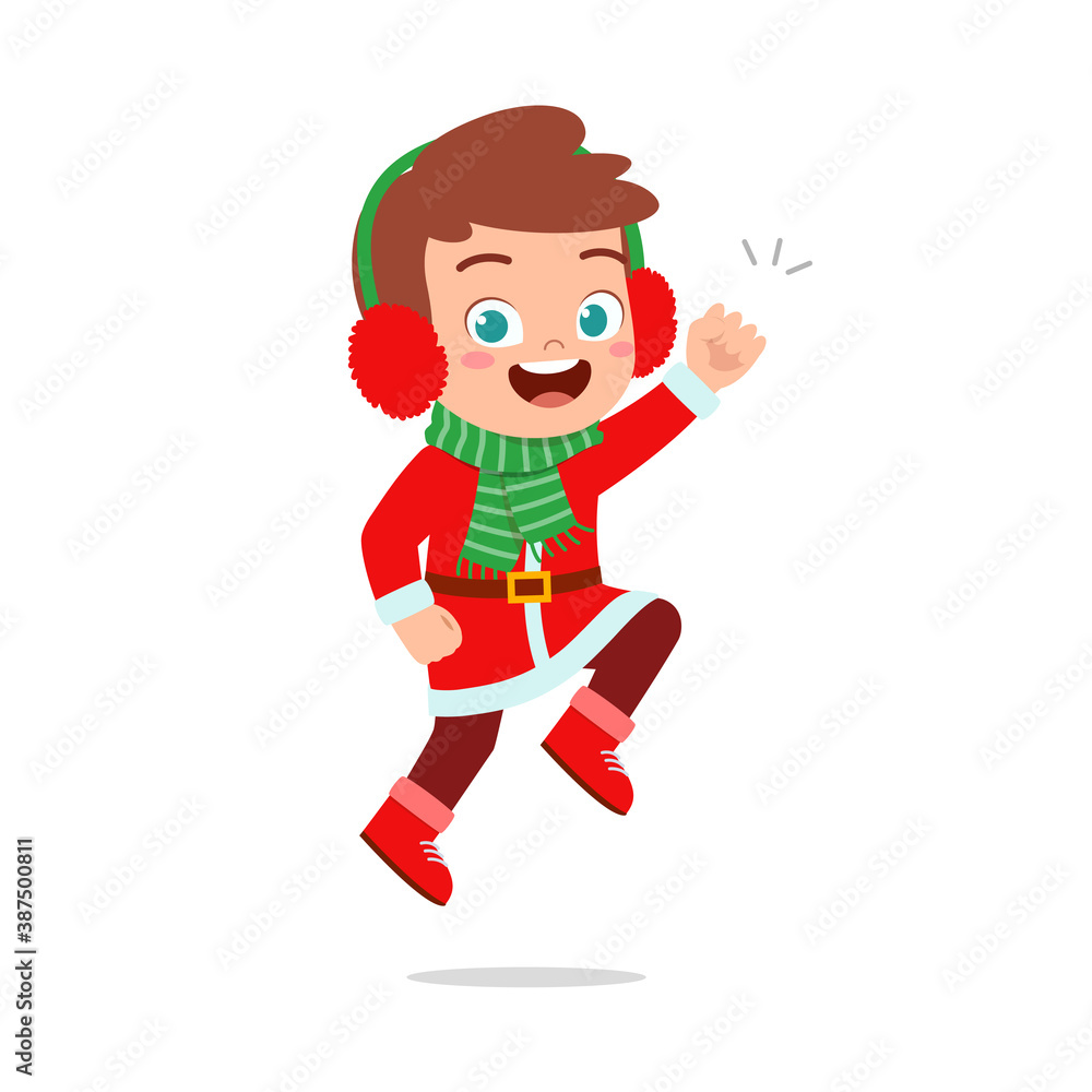 happy cute little kid boy and girl wearing red christmas costume and jump happy cute little kid boy and girl wearing red christmas costume and jump