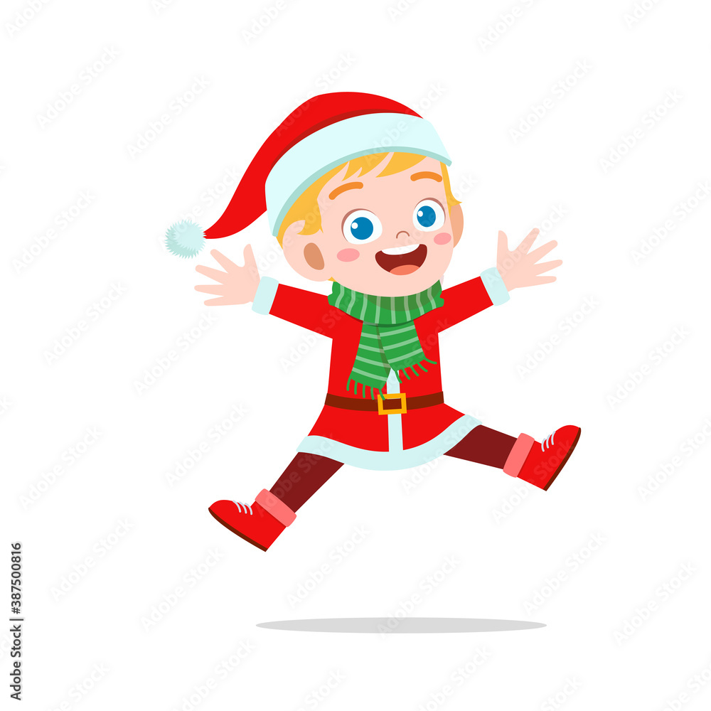 happy cute little kid boy and girl wearing red christmas costume and jump happy cute little kid boy and girl wearing red christmas costume and jump