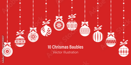 Hanging white Christmas balls on red background. White silhouettes of 10 different Christmas baubles. Flat vector illustration.